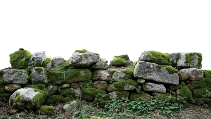 Moss Covered Stone Wall Section with Greenery rock isolated on a transparent background