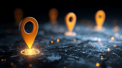 Illuminated golden location markers floating above a detailed digital map, focus on the foreground
