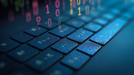 Computer keyboard keys with binary code background. Internet, communications, digital information technology concept.