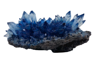 Cluster of vibrant blue crystals on dark rock crystal cluster isolated on a transparent background