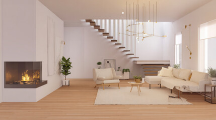 Naklejka premium A modern interior design with a staircase and fireplace in the living room