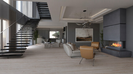 Naklejka premium A modern interior design with a staircase and fireplace in the living room