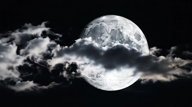 Bright full moon with textured surface against a dark sky, partially shrouded by wispy clouds