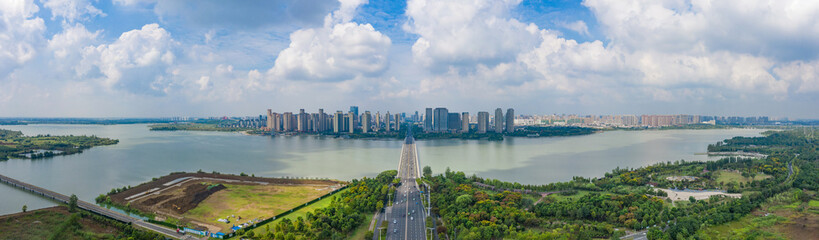 Bengbu Anhui Free Trade Zone Pilot - Urban Skyline and Huai River Aerial View © LyVan
