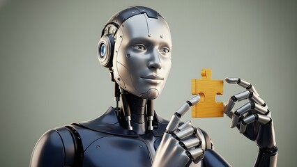 Humanoid robot holding a golden puzzle piece representing problem solving and AI logic.