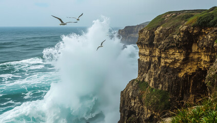 Stormy seas. Massive waves crashing against a jagged cliff.