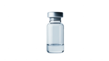 Glass vial containing liquid medicine for pharmaceutical use on transparent background