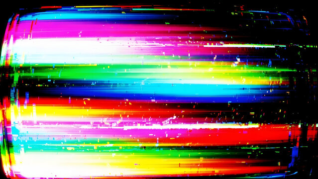 A distorted digital image featuring a multicolored rainbow glitch with bright horizontal stripes on a dark background, conveying a sense of technological error or video processing malfunction.