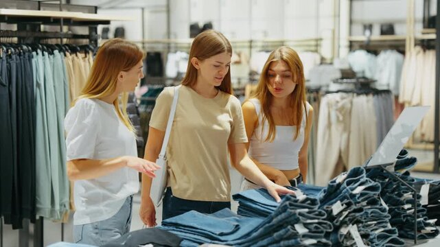 Three women compare folded jeans in fashion store while one holds a pair, concept of retail decision and shared shopping moment