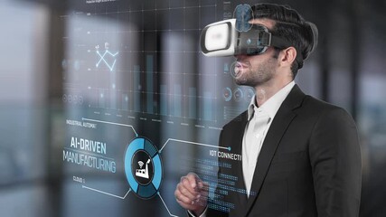 A businessman utilizes a virtual reality headset to explore data and insights related to AI-driven manufacturing and industrial automation. Raster - Powered by Adobe