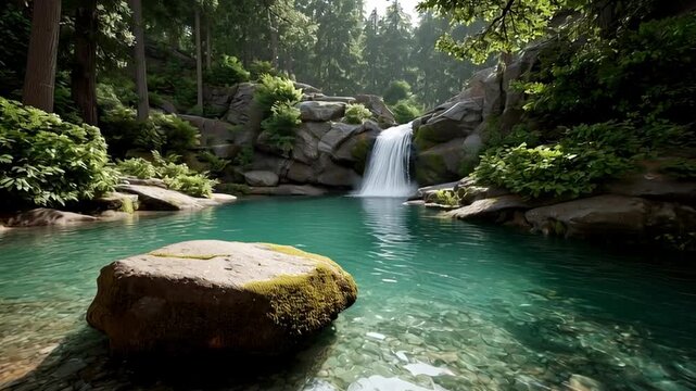 A small waterfall pours into a clear pool of water. Surrounding plants and rocks create a natural setting. Sunlight filters through trees, enhancing the vibrant colors of the scene.
