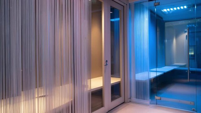 Layered glass panes integrated into voice booth walls highlighting their role in reducing external noise while maintaining visual transparency.