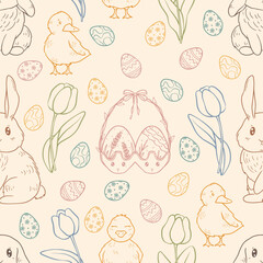 Easter theme seamless pattern, cute animals, easter eggs, flowers. Vector art