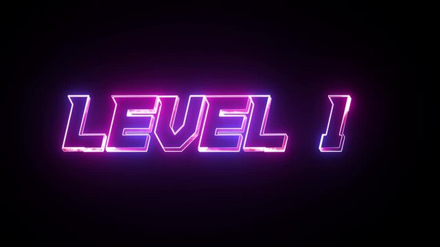 Glowing neon text Level 1 icon animation. Level one message. Game displaying level 1