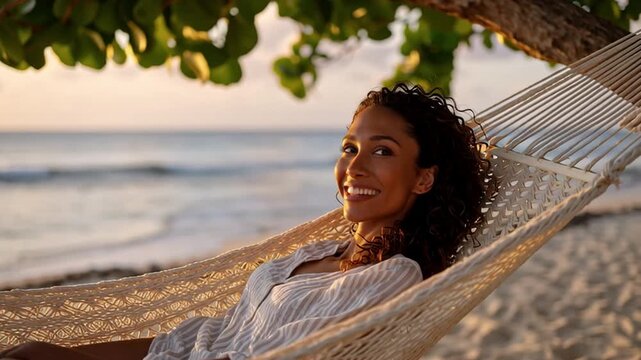 A person relaxes in a hammock strung between trees at the beach. The sun sets over the water, creating a warm glow as waves gently roll onto the shore. A vacation moment by the ocean.