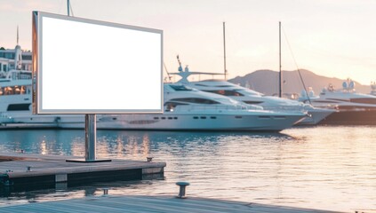 blank white mock-up poster digital screens billboards near a private dock with luxury yachts moored in the background