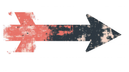 Distressed arrow sign pointing right with a vintage texture on transparent background