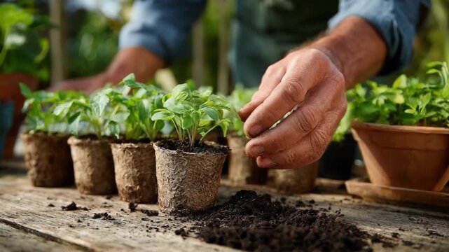 Medium shot of hands gently planting seedlings in compostable biodegradable flower pots in a bright garden setting. Ecofriendly sustainable gardening concept.
