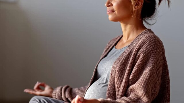A woman sits cross-legged in a relaxed position, meditating in a calm setting. She is pregnant and enjoys her vacation while focusing on mindfulness. The light creates a warm atmosphere.