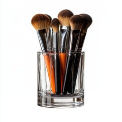 Professional makeup brushes in transparent glass holder on white background
