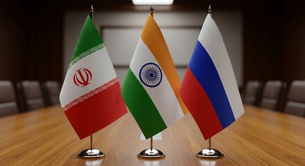 Iran, India, and Russia flags on a conference table