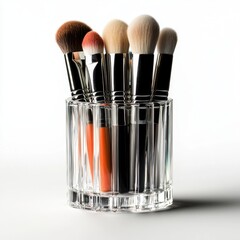 Beauty makeup brushes collection in transparent holder isolated on white