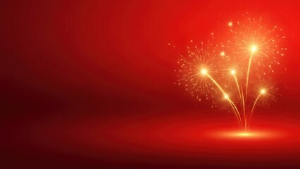 Golden fireworks exploding on a red background. Celebration event concept with dynamic light effect and copy space for greeting card.