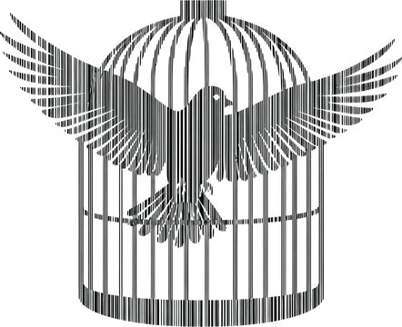 Black and white bird made of barcode lines icon, controlled freedom concept, uncommon abstract vector, high contrast, white background 