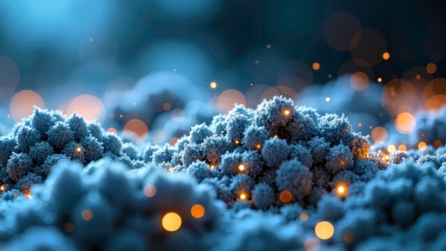 Orange gold particles cluster around the digital cloud cluster - Powered by Adobe