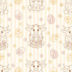 Cute cow easter seamless pattern in pastel colors, flowers, easter eggs, vector art