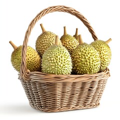 Fresh durians are in a woven basket ready to be enjoyed. The durian has a distinctive shape and is known for its strong aroma. The basket has a handle that allows easy transportation of fruits