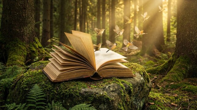 Open Book in Forest with Birds Flying