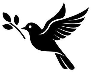 Fototapeta premium Stylized black dove flying with an olive branch symbol of peace and hope
