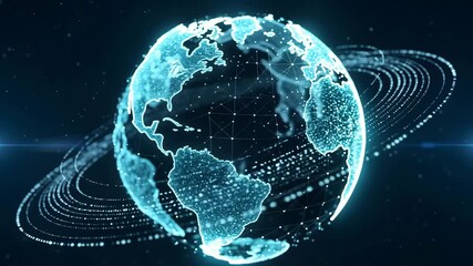 Glowing digital globe with interconnected network lines and satellite orbits futuristic - Powered by Adobe