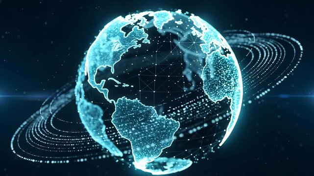 Glowing digital globe with interconnected network lines and satellite orbits futuristic