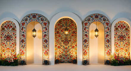 Ornate Arched Wall with Intricate Floral Patterns and Hanging Lanterns for Elegant Interior Decor