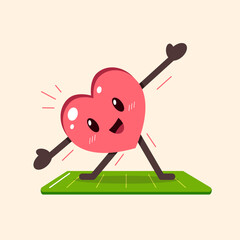 Cartoon heart character exercising on yoga mat