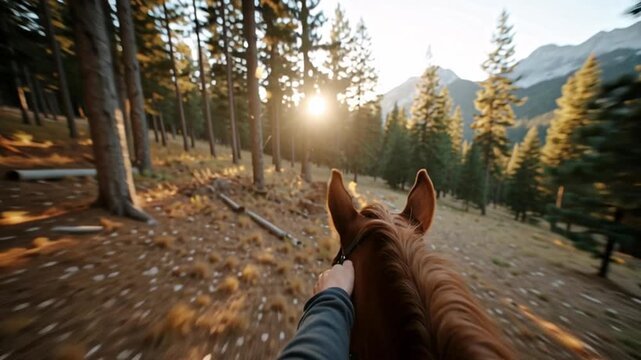 A person rides a horse through a forest with tall trees in the background. The sun is setting, casting warm light through the branches. This is a memorable moment in nature.