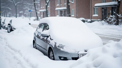 Car buried in snow on a residential street, vehicle heavily obscured by winter precipitation. Extensive layers of snow on this car create challenging conditions for urban travel.