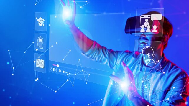 A person interacts with virtual reality technology in a vibrant blue and purple setting, showcasing digital icons that symbolize modern learning and innovative experiences. Raster