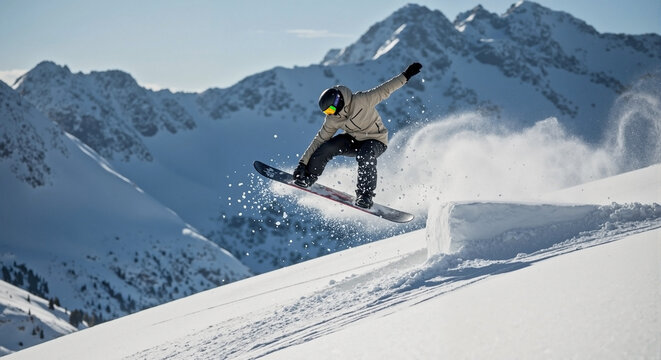 Action shot of snowboarder jumping off slope against majestic mountain background. Dynamic snowboarder jumping off slope, kicking up snow midair during extreme winter sport.