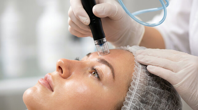 Professional hydrafacial treatment being performed on a young woman's face by a specialist in a modern beauty clinic