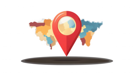 Red location pin over a colorful map indicating a specific destination point on transparent background