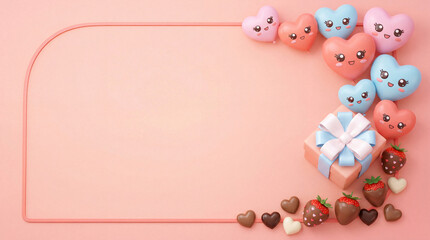 Pastel pink greeting card layout with cute hearts and chocolate strawberries