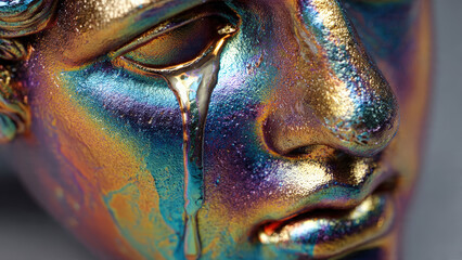 Close up of a metallic statue face with iridescent coating shedding a single tear