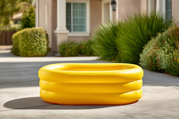 Yellow inflatable kids pool on driveway with house background