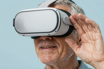Senior Man Virtual Reality Headset Reaching Smiling Profile