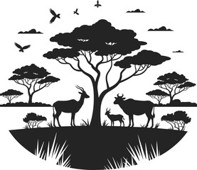 African savanna wildlife silhouette, acacia trees with antelope and buffalo, birds flying, black and white nature landscape © Miss