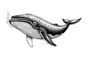 Vintage engraved blue whale illustration in black and white hand drawn engraving style