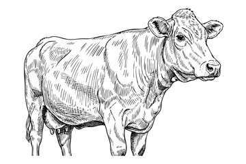 Vintage cow engraving illustration in detailed hand drawn black and white line art style isolated on white